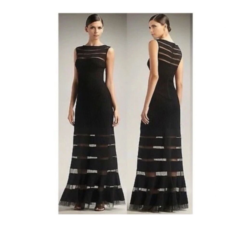 Tadashi Shoji Illusion Stripe Black Sleeveless Ribbed/Mesh Maxi Gown Women's XS